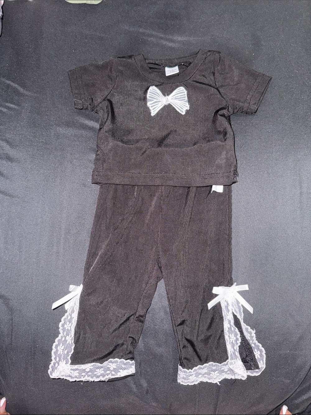 Kids Black 2 piece Set with White Lace Bow Detail